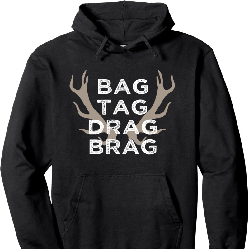 

Men's Deer Bow Hoodie - Stylish Sweatshirt With Pockets, "bag Drag " Print, Long Sleeve Pullover For Casual Wear, Hunting Themed Clothing | Stylish Sweatshirt | Knitted Texture