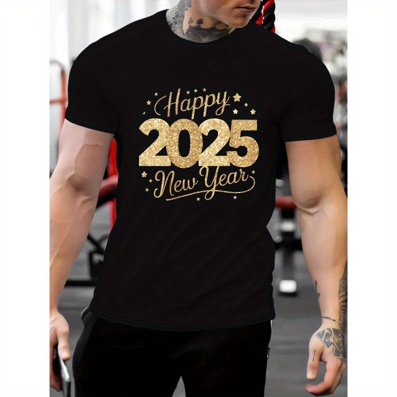 

Comfort, Happy 2025 New Year Celebration Tee - Men's Casual Short Sleeve T-shirt, Breathable Polyester, Summer Fashion