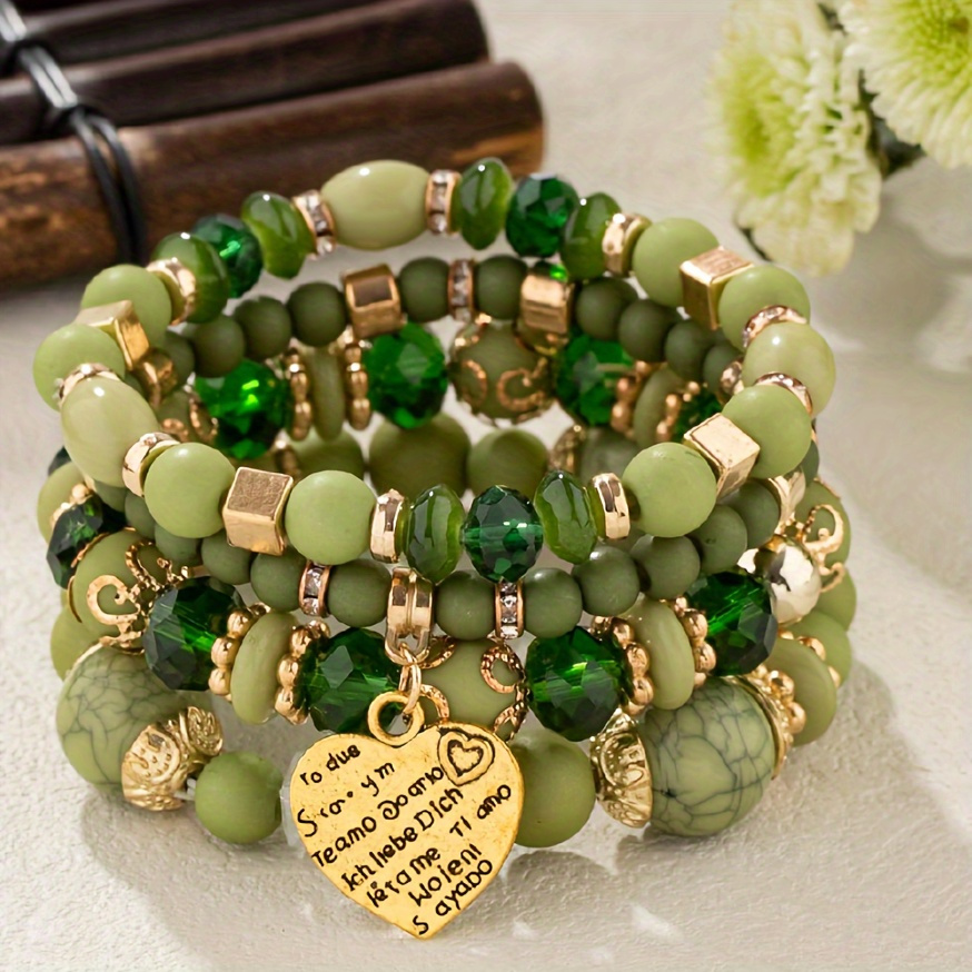TEMU A Bohemian-style Bracelet For Women With 4 Layers, Showcasing Green Resin And Golden Details, A Heart Pendant Design, And Designed For And ,