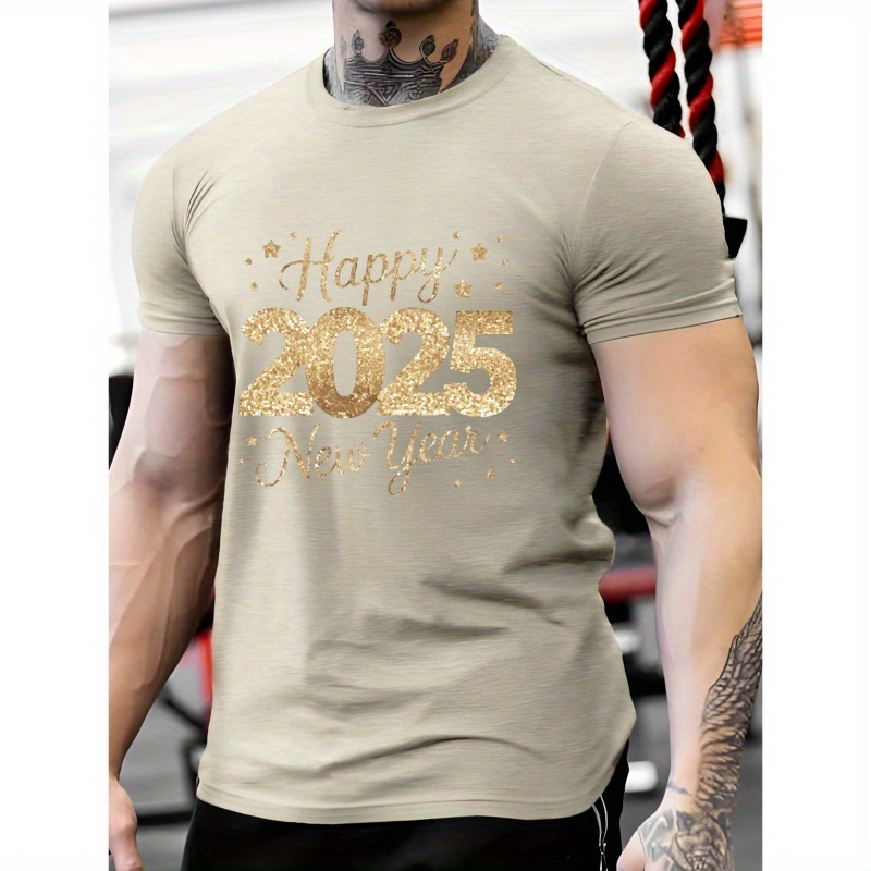 

Happy 2025 New Year Celebration Tee - Men's Casual Short Sleeve T-shirt, Breathable Polyester, Summer Fashion