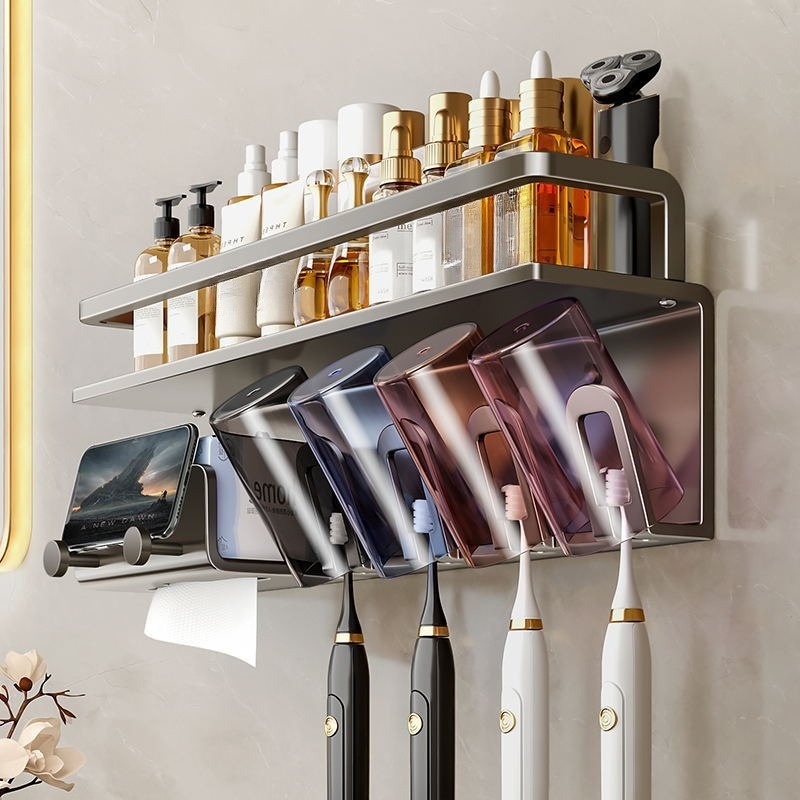 

Stainless Steel Wall-mounted Bathroom Organizer - No-drill, Multifunctional Shelf For Toothbrushes, Cups & Towels With Transparent Holders, Ideal For Modern Marble Bathrooms