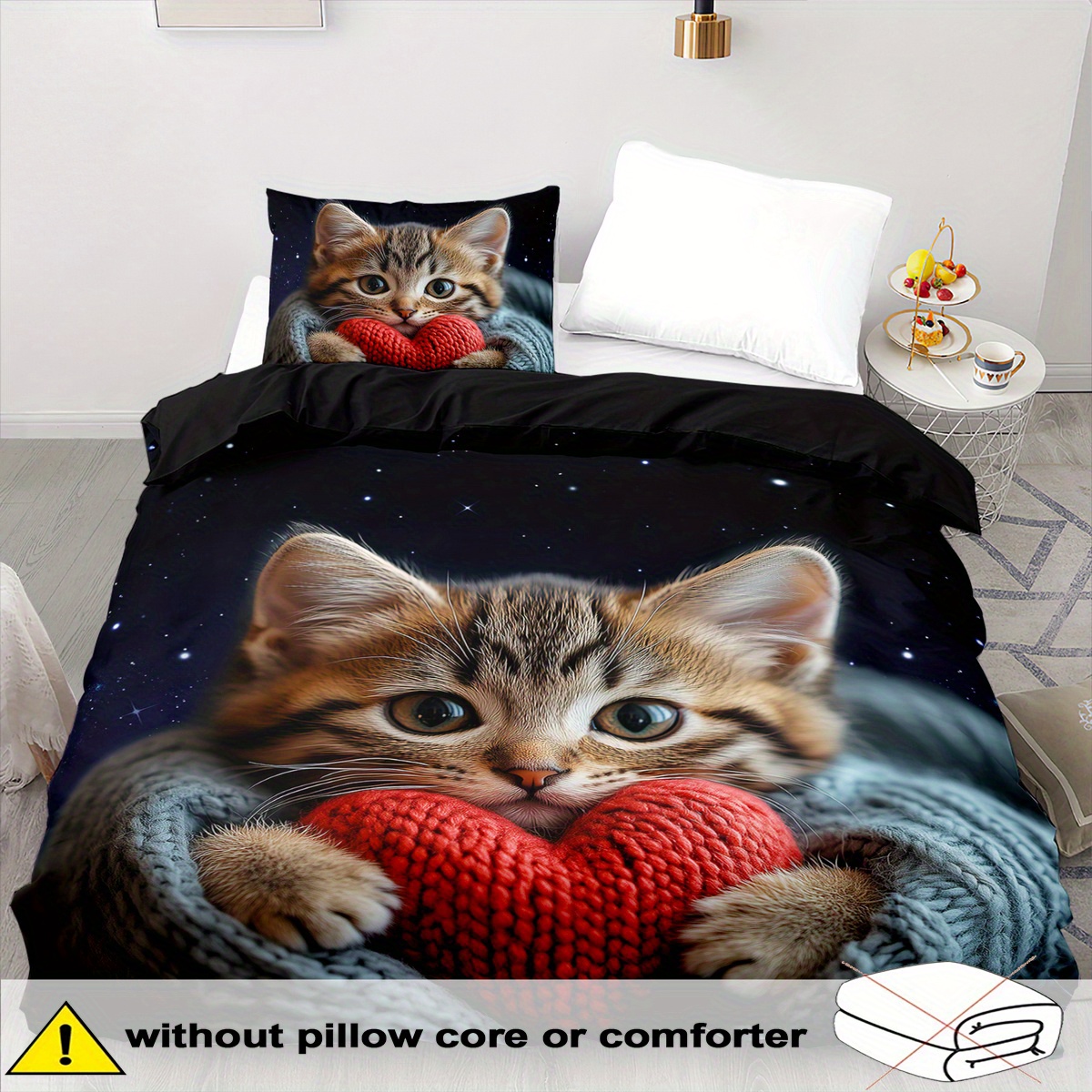 TEMU Cat-themed Duvet Cover Set - 2/3pcs, Soft, Comfortable, And Breathable, Heart Cat Print Bedding, Animal-themed Printed Duvet Cover Set, 100%