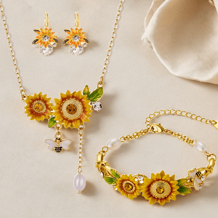 

Sunflower Necklace, Bracelet, And Earrings Set - Elegant With Hypoallergenic Materials - Beautiful Enamel And Zircon Accents - Ideal For Casual Outfits - Perfect Gift For