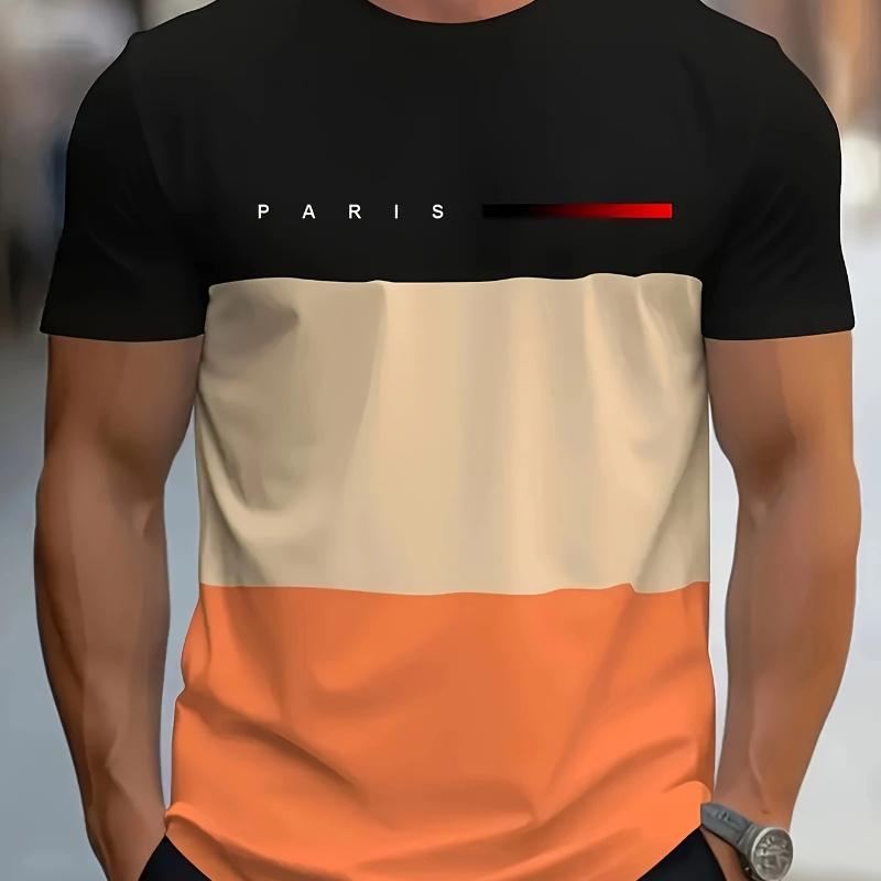 

Men's 'paris' And Blocking Short Sleeve Crew Neck T-shirt, Casual Stylish Tee As Gift