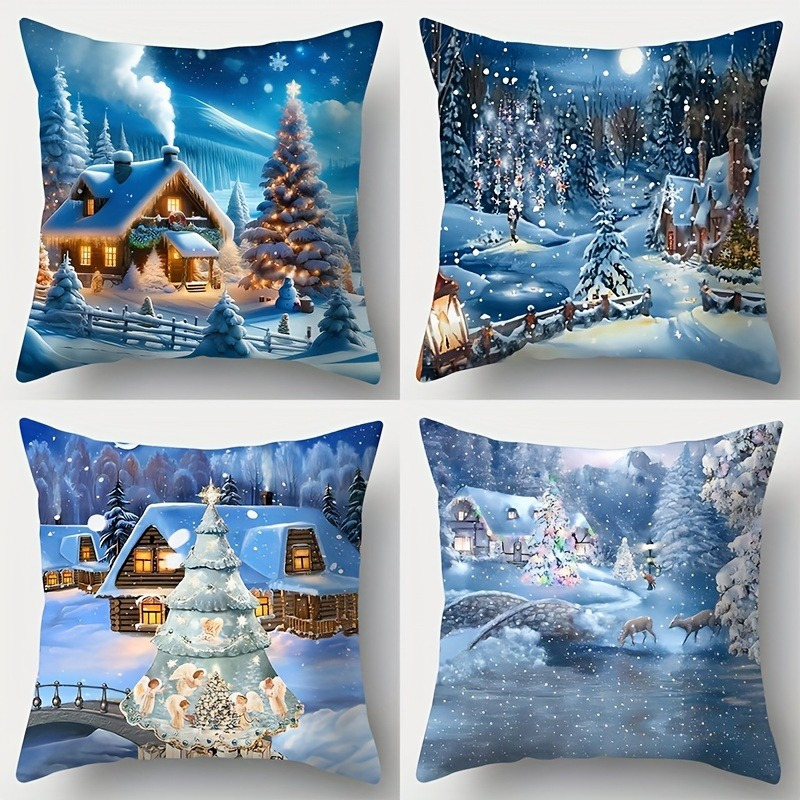 

Christmas Holiday 4pcs Set Of Throw Pillow Covers - Snow Scene Pattern, 17.7x17.7 Inches, Zipper Polyester Living Room Decorative Pillow Covers - Only Cover, No Filling