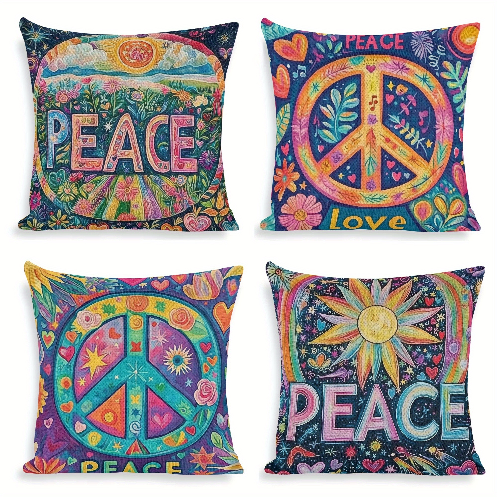 

4pcs Vibrant & Peace Throw Pillow Covers Set - Colorful, Cozy 18x18in For Sofa, Bedroom & Living Room Decor - Zip Closure, Machine Washable Polyester, Pillows Decorative