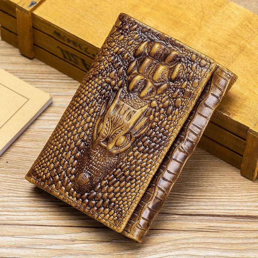 

Vintage-style Men's Genuine Leather Bifold Wallet With Crocodile Pattern - Slim, Multi-card Holder In Cowhide, Leather Wallet