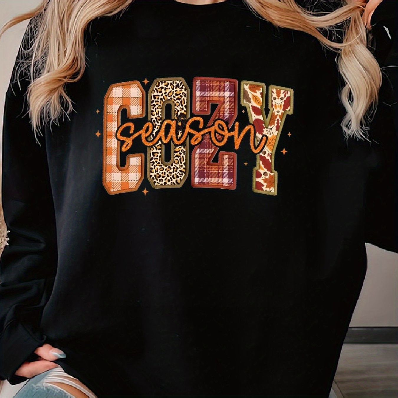 

Cozy Season, Embroidery Fall, Autumn, Retro Halloween Woman's Cozy Pullover Sweater, Casual Long Sleeve Crew Neck Sweater For Sports