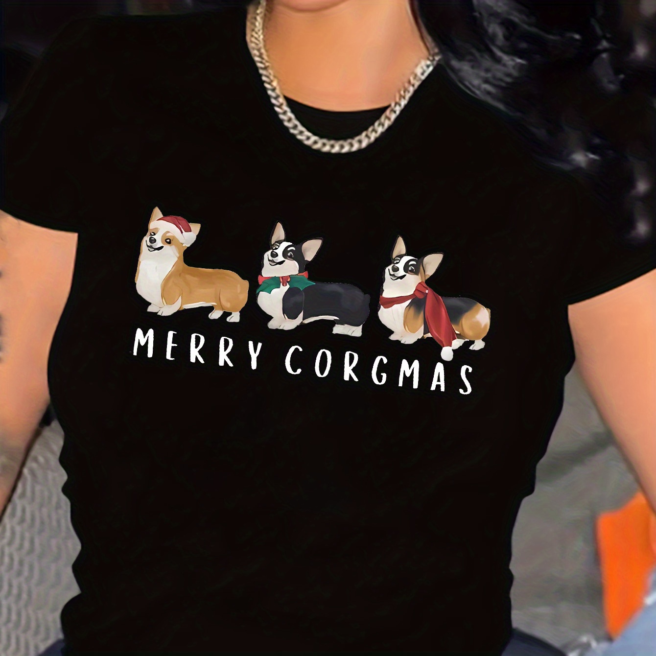 

Women's Y2k Style Corgi Christmas Graphic Tee - Casual Short Sleeve Crewneck T-shirt, Trendy Streetwear Fashion