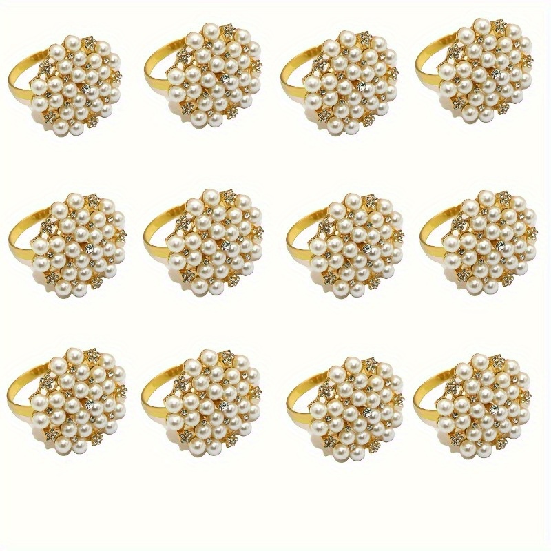 TEMU 12pcs Golden Metal Napkin Rings Luxurious Of Pearls Accents For Elegant Dining Table Decor Wedding Party Home Kitchen Decoration