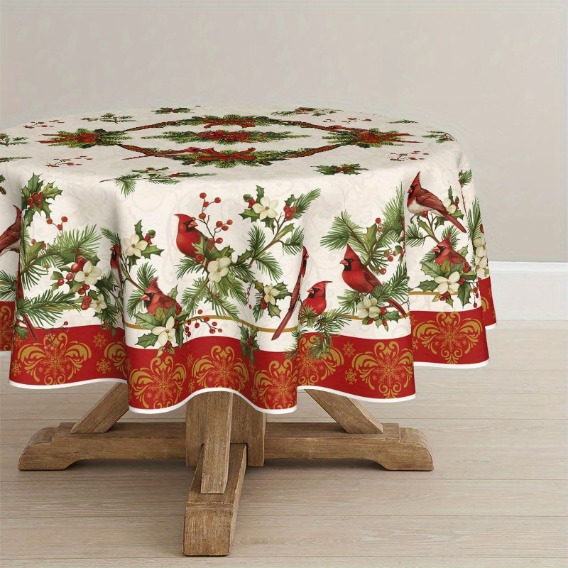 

1pc Christmas Tablecloth, Round Polyester Table Cover With Red Birds And Pine Cones Design, Machine Made Woven Fabric, Washable Holiday Party Dinner Decor, Round Christmas Tablecloth