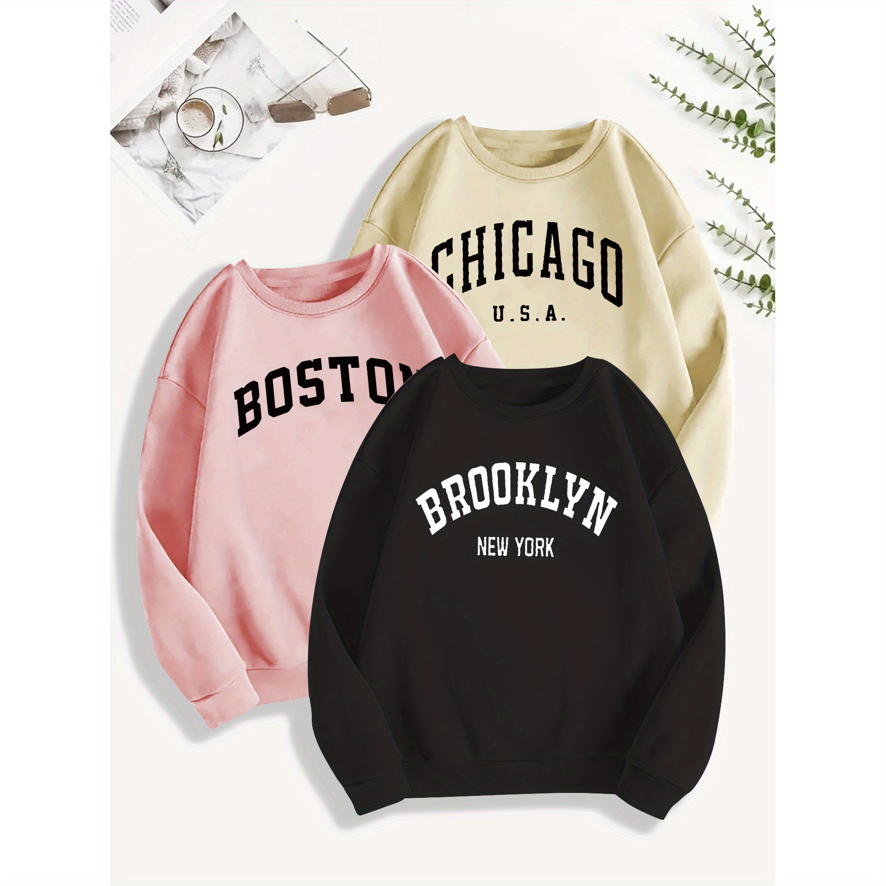 

Women's Casual 3pcs Sweatshirts - Long Sleeve, Crew Neck, Letter Print Pullovers For Fall/winter, Machine Washable