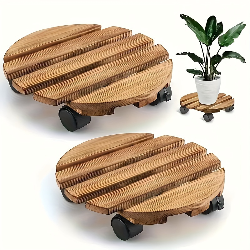 

Heavy-duty Round Wooden Plant Stand With Locking Wheels - Indoor/outdoor Large Planter, Garden And Lawn Care, Round Shape, Wood Material