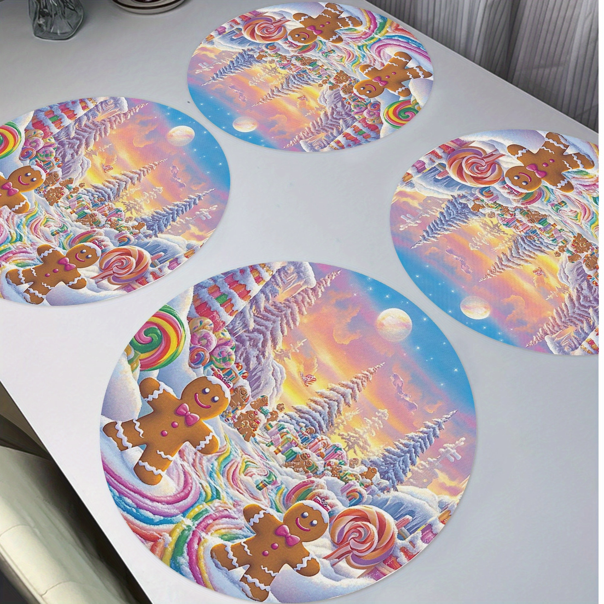 

4-pack Polyester Round Placemats – Woven Gingerbread Man & , Non-slip & Washable, Festive Tree Table Mats For Home, Holiday, Kitchen, Party Decor, 15" Diameter