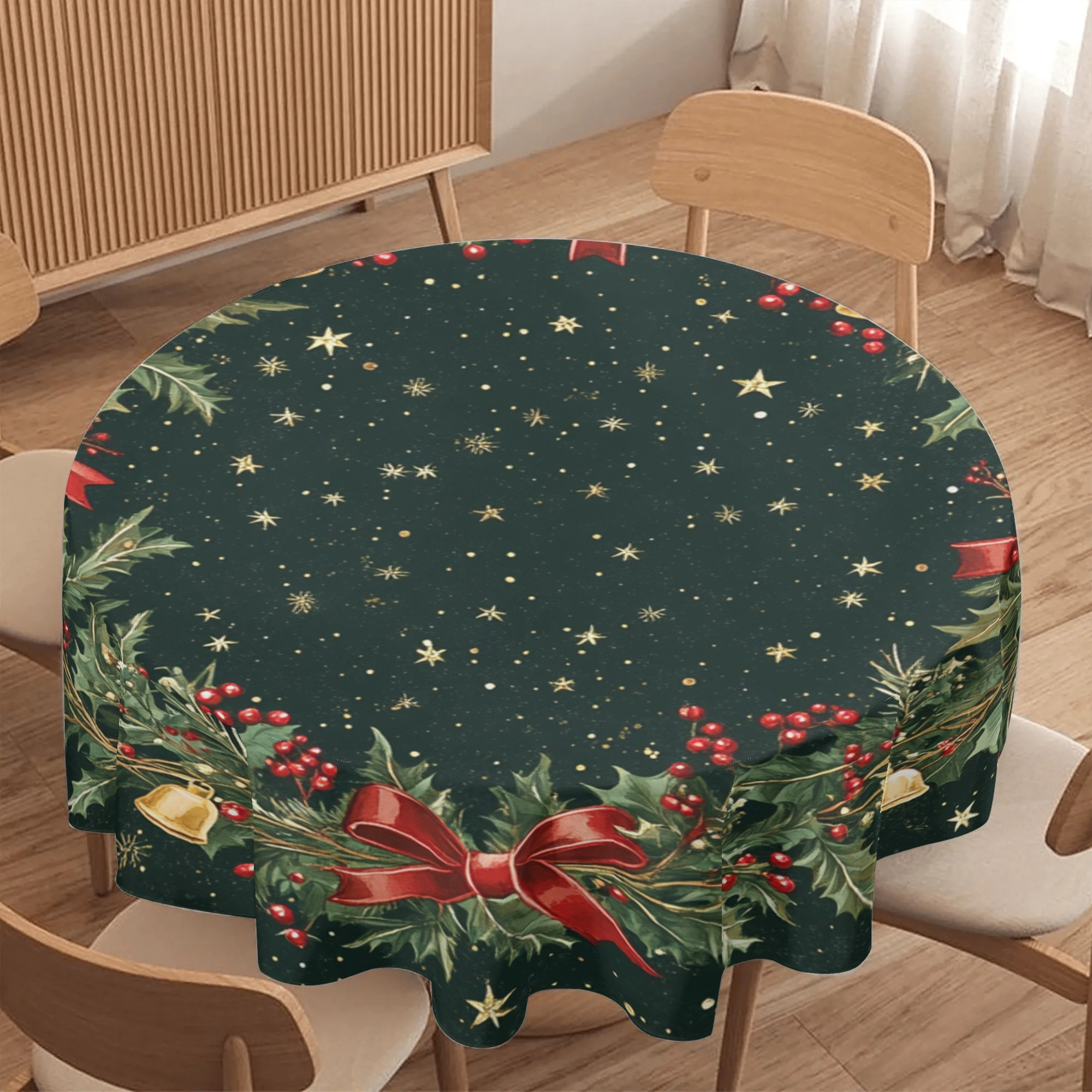 

Christmas Bow & Wreath Tablecloth - 60" Round Polyester, For Dining & Decor