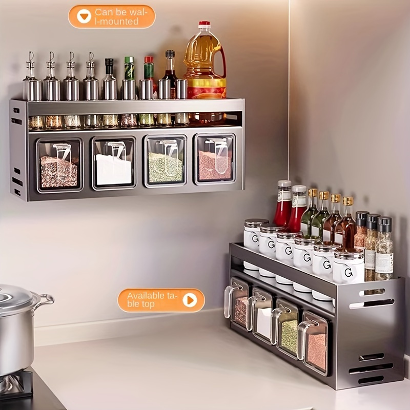 1pc aluminum wall mounted kitchen organizer with seasoning containers and jars no drill installation for home and restaurant use details 3