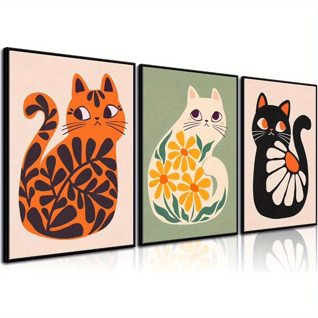 

Print Painting, 3pcs Cat Wall Art Set - Vintage Orange & Prints, Mid-century , 8x10" Posters For Living Room, Bedroom, Bathroom, Room Decor