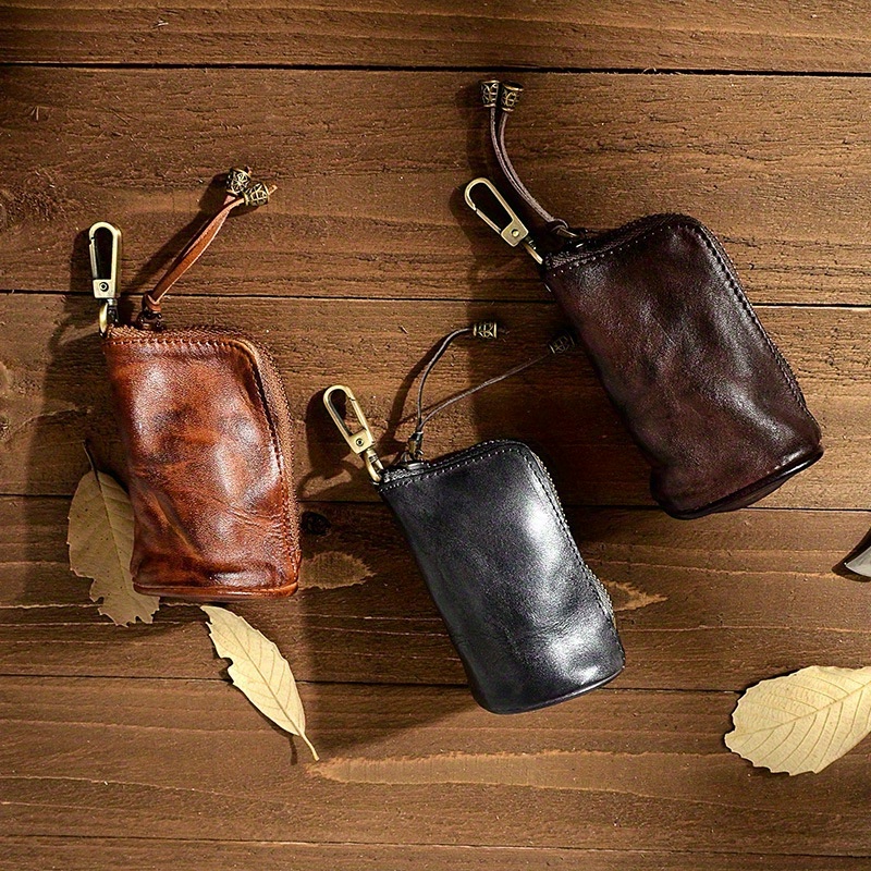 1pc *'S Viking Style Key Bag Hand-Polished Soft Cowhide Vegetable  Leather Wallet with Golden-Tone Hardware, Golden-Tone Hardware