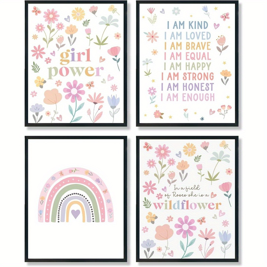 Image of 4pcs Unframed Pastel Boho Nursery Affirmation Wall Art Decor Posters & Prints, 8x10 Inch, Room Wall Decor, Boho Rainbow Floral Wall Decor For Toddler Room Playroom Nursery, No Frame