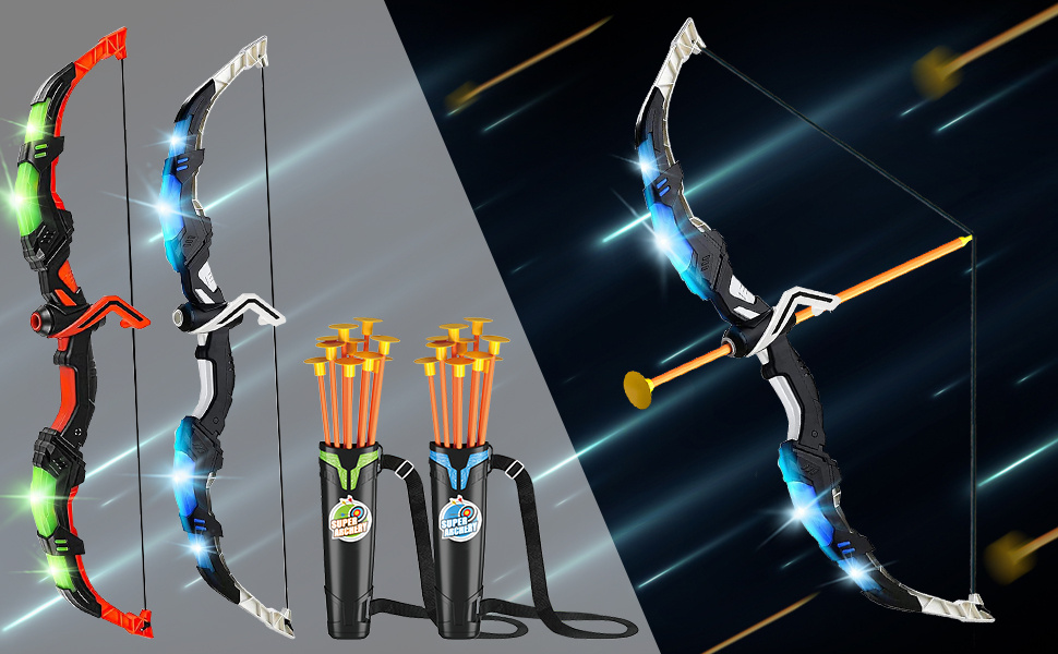 VATOS 2 Pack Bow and Arrow Toy for 5 6 7 8 9 10 11 Year Old Boys Girls, Light Up Archery Toy With Cup Suction Standing Target & 29 IN Dart Board, Indoor Outdoor Activity Toys Birthday