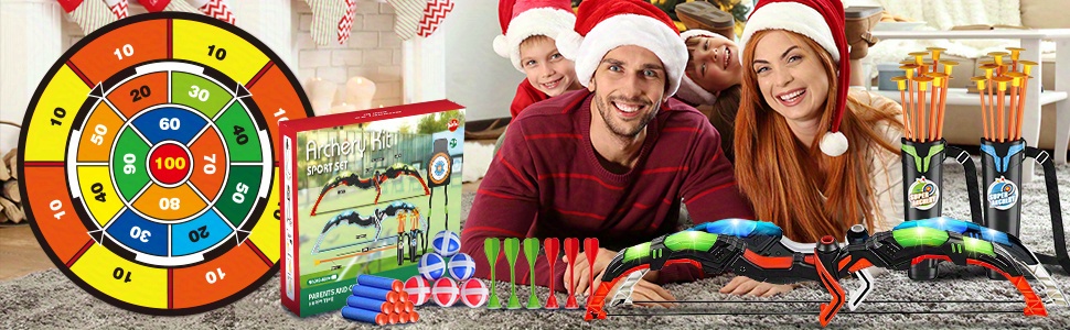 VATOS 2 Pack Bow and Arrow Toy for 5 6 7 8 9 10 11 Year Old Boys Girls, Light Up Archery Toy With Cup Suction Standing Target & 29 IN Dart Board, Indoor Outdoor Activity Toys Birthday