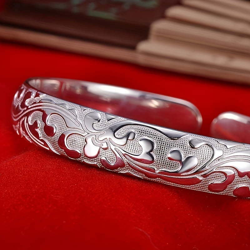 TEMU Buy 1 Get 1 Free, Total Of 2pcs Exquisite 925 Sterling Silver Floral Pattern Open Cuff - Versatile, Easy-to-wear, And - Perfect Gift With