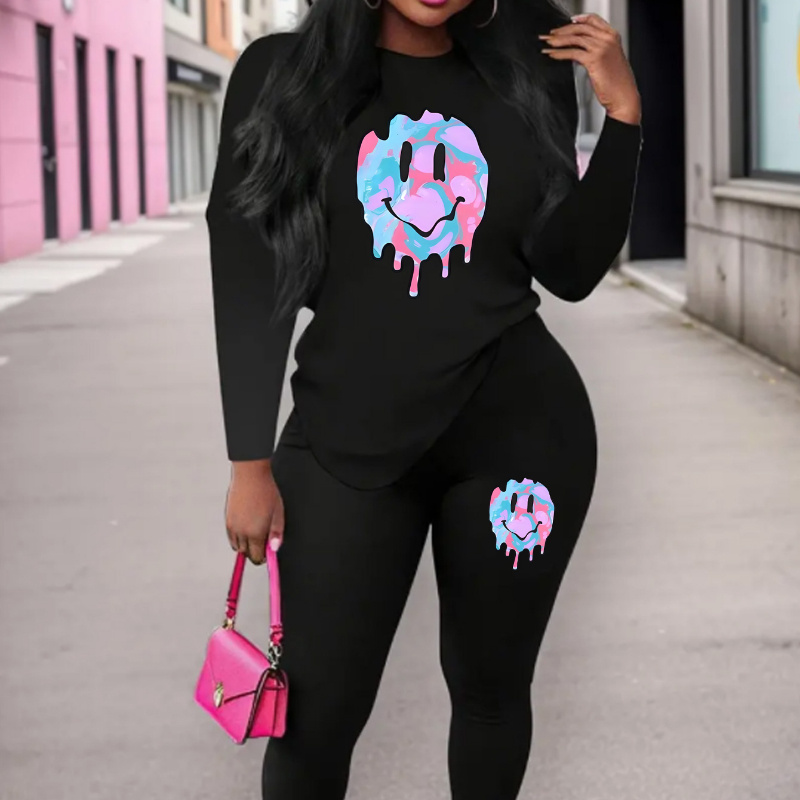 

Women's Face Print Activewear Set - Stretchy Polyester , Crew Neck Long Sleeve Top & Pants, Machine Washable