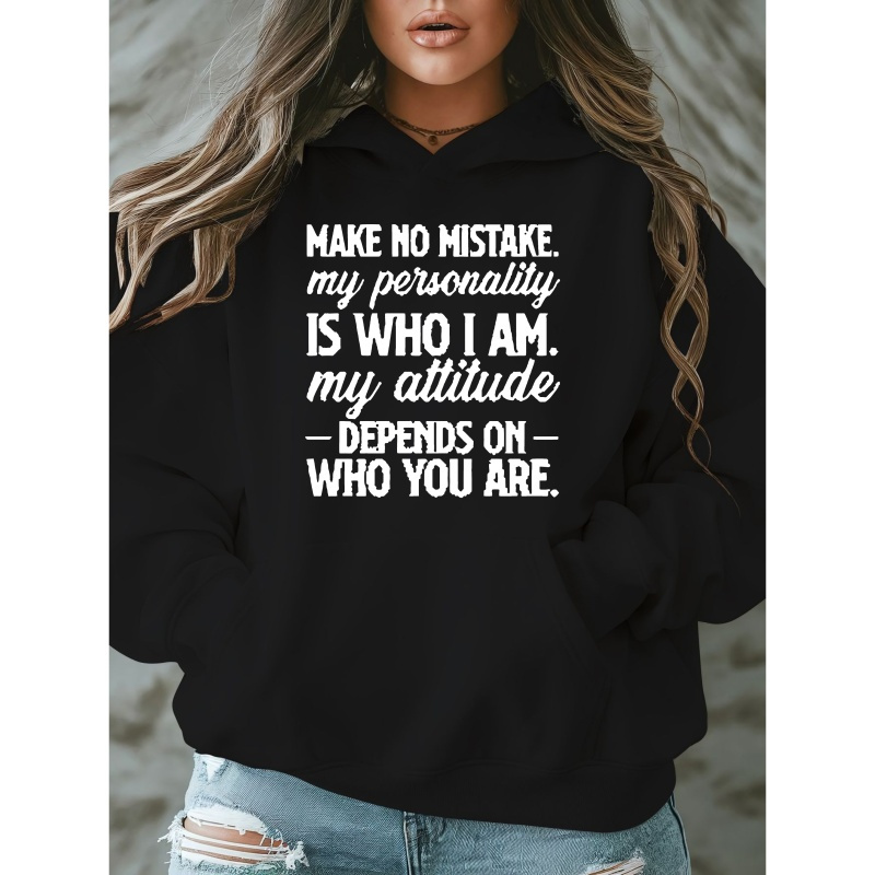 

Women's Plus Size Casual Hoodie With Inspirational Quote, Polyester 100% Knit Fabric, Stretch, Long Sleeve Pullover With Pockets, Oversized Alphabet Pattern Hooded Sweatshirt For Fall/winter