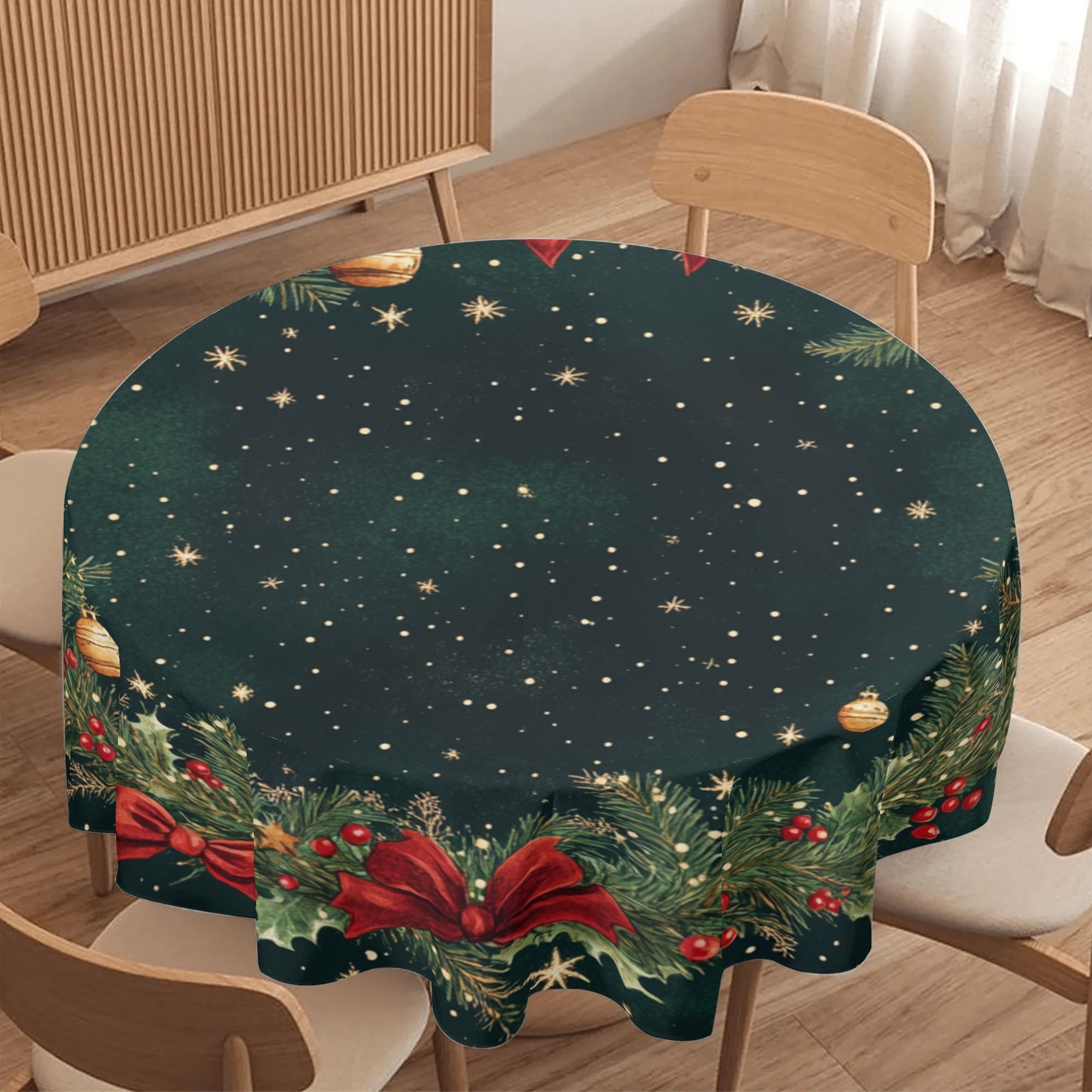 

Sparkle, Festive Green Floral Wreath & Christmas Bow Tablecloth - 60" Round, Holiday Dining & Decor