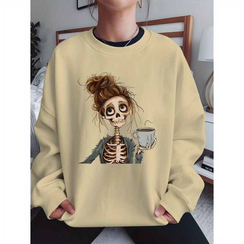 

Skullwomen Girls Plus Size Casual Sweatshirt Printed Round Neck Pullover, Women's Autumn And Winter Casual Long-sleeved Sweatshirt, Plus Size Women's Tops And Clothing