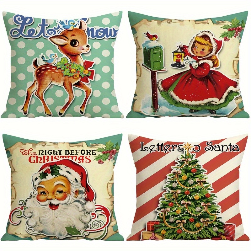 

4pcs Vintage Christmas Throw Pillow Covers - Reindeer, Christmas Tree, And Holiday Girl Designs, Machine Washable, Decorative Pillowcases For Room Types, 18x18 Inches (no Insert)