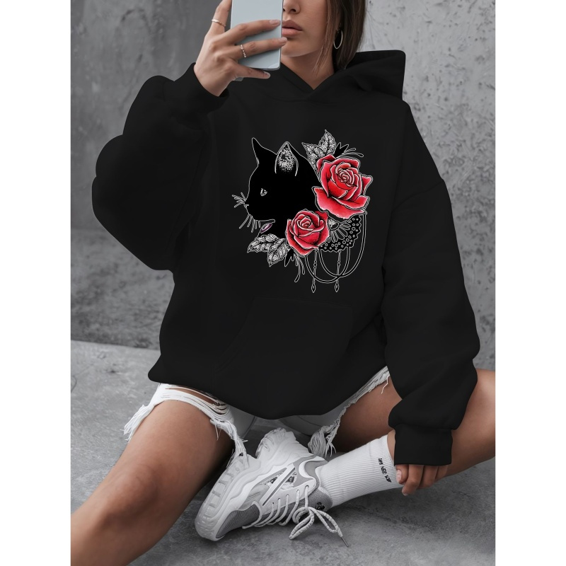 

Women's Plus Size Casual Hooded Sweatshirt With Cat And Roses Print, Polyester 100% Knit Fabric, Stretch, Oversized Pullover With Pockets For Fall/winter