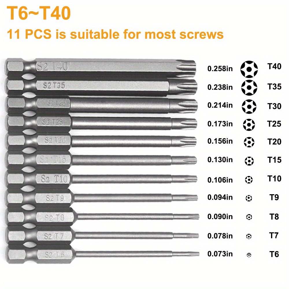 

11 Bit Set (t6-t40), 1/4 Hex S2 Steel Tamper Screwdriver Bit Set 3" Long