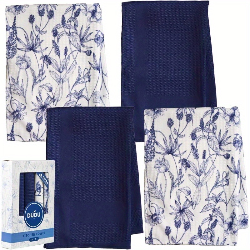 

4pcs Soft Polyester Kitchen Towels, 18x26", Quick-dry & Machine Washable, Navy Blue With Decorative Floral Patterns - Country Style Enthusiasts, Dish Towels