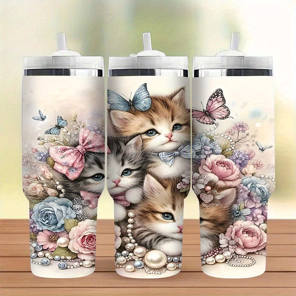 

1pc 30oz Stainless Steel Insulated Water Bottle With Straw, Cat Design, Portable Travel For Car, Home, Office - Car Beverage Holder Accessory, Ideal Holiday Gift