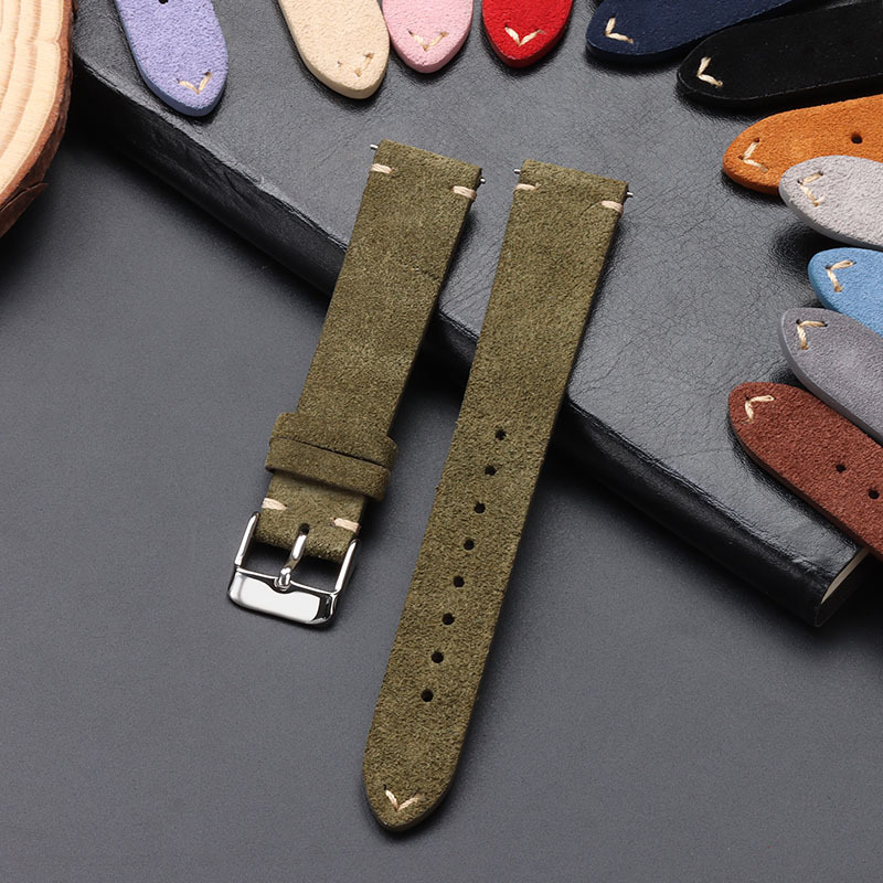 

Casual Vintage Suede Leather Watch Band, 14mm 16mm 18mm 20mm 22mm, Genuine Handmade Stitching, Quick Release Hook & Loop Clasp, Soft Cowhide Wristband