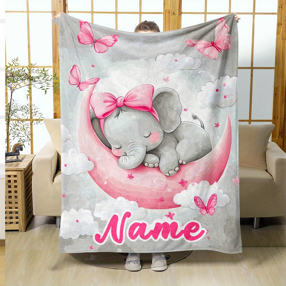 E-shop 1 Stück Individuelle Namensdruck – Der süße kleine Elefant auf dem Mond Persönlichkeitsdecke – Leichte Flanell-Decke für Sofa, Bett, Reisen,