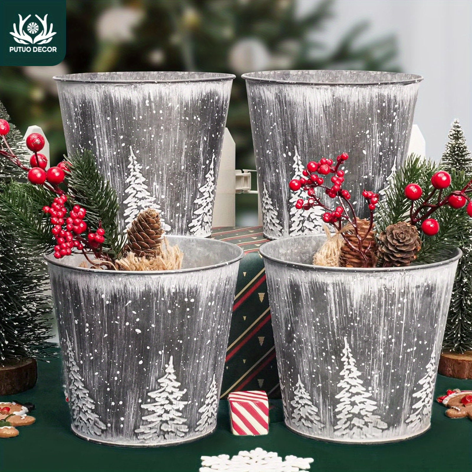 

Decor Christmas Galvanized , Silvery Small Metal Christmas Ice , Pails Plants Tin For Table Centerpieces Decor 5.9x5.3