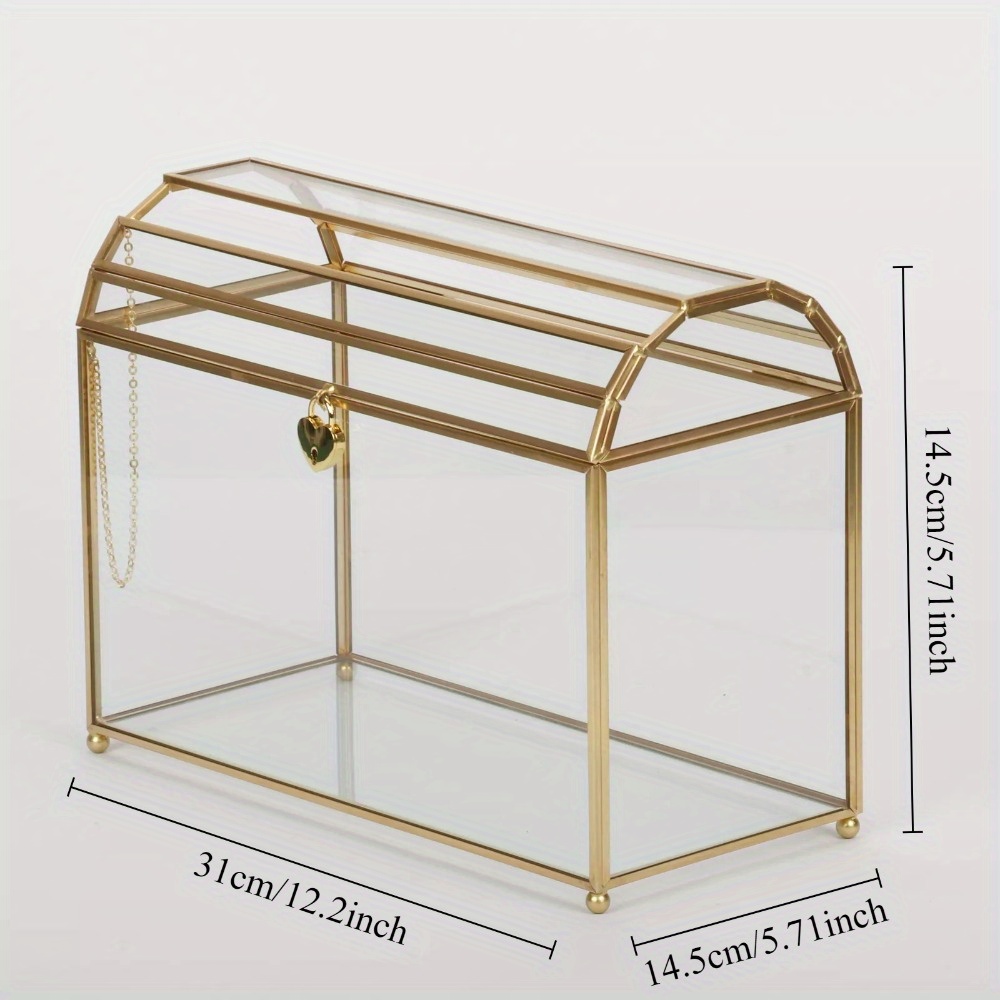 Image of Golden And Glass Wedding Card Box With Lock And Slot Wedding Envelope Card Holder Wedding Card Box With Lock Geometric Glass Terrarium Display Keepsake Box Gift,suitable For Halloween And Christmas