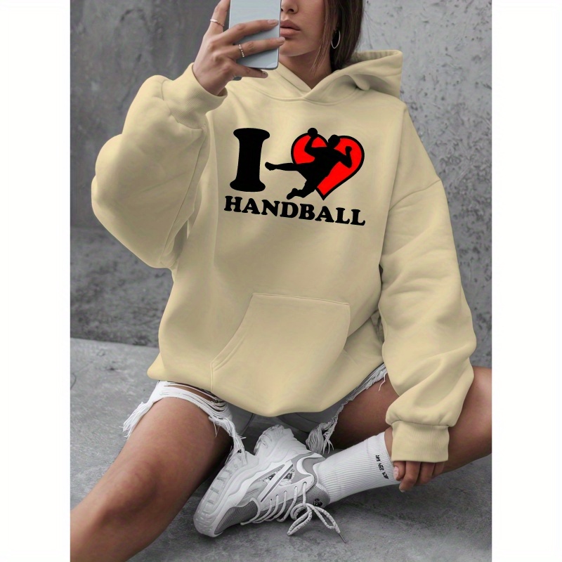 

Plus Size Casual Hooded Sweatshirt With I Love Handball Print - Women's Polyester Pullover With Stretch, Long Sleeve Oversized Hoodie For Fall/winter