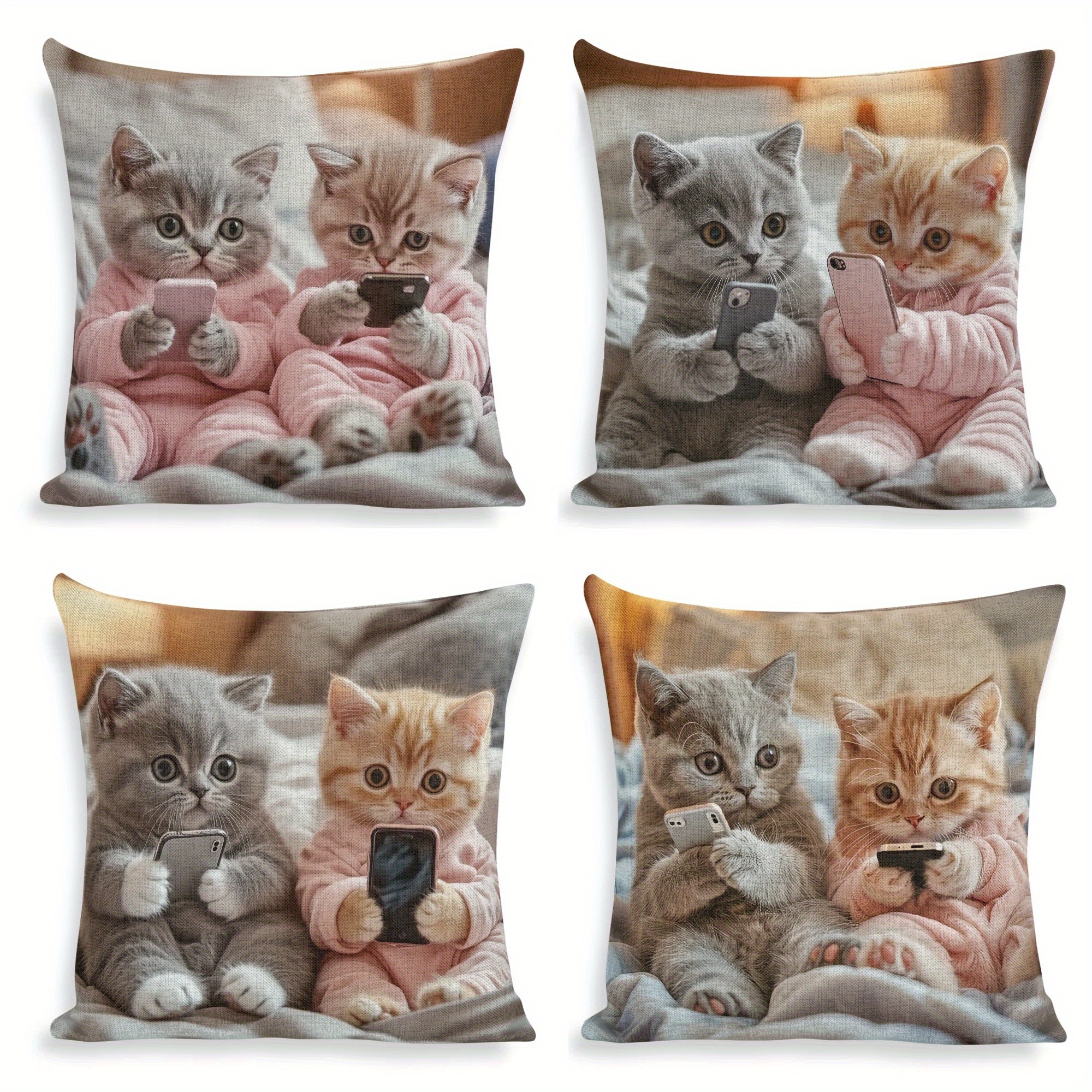 

4pcs Set Of Adorable British Shorthair Cat , 18x18 - Washable, Zippered Cushion For Sofa & Bed Decor, , For &