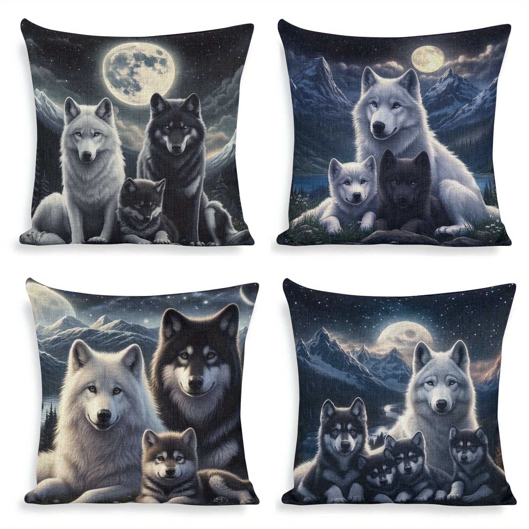 

4pcs Set Of Wolf & Husky Themed Throw Pillow Covers - 100% Polyester, Hidden Zipper Design For Sofa, Bed, And Chair Decor