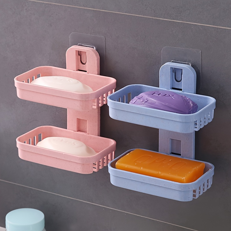 

2pcs Plastic Double-layer Soap Holder With Drain - Wall Mounted Bathroom Organizer For Toiletries And Shampoo Storage, Rectangle Shape, Bathroom Organizers And Storage