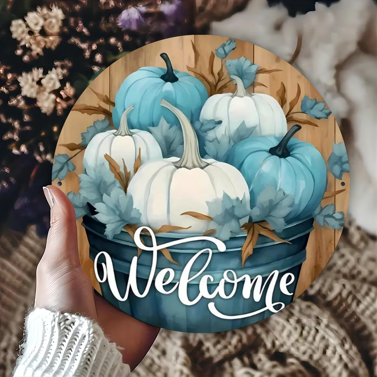 TEMU Couronne de Citrouille Bleue d'Automne - Panneau de Rond en Fer de 8x8" pour Halloween & Thanksgiving - Idéal pour , le Jardin, la Décoration de