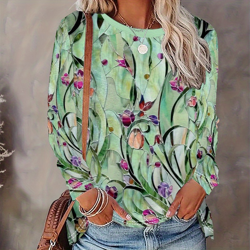 

Women's T-shirt Print- Comfy Long Sleeve Crew Neck - Spring & Fall Casual Wear