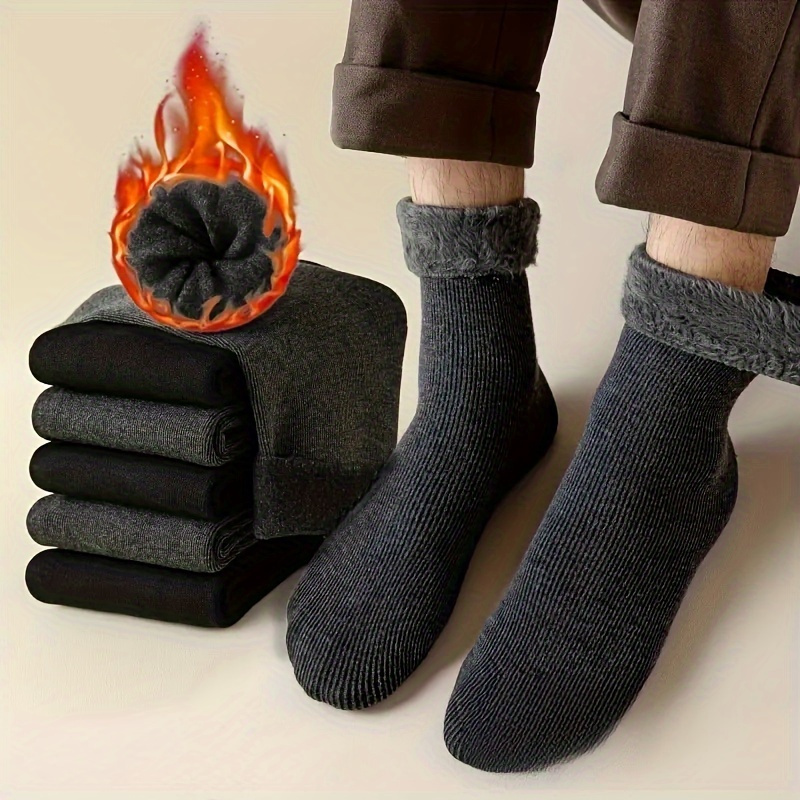 

[4 Pairs Thermal Fleece-lined Knit Socks] 4 Pairs Thermal Fleece-lined Knit Socks For Men And Women, Polyester 90%, Spandex 10%, Solid Color, Cozy Winter Footwear, Machine Washable