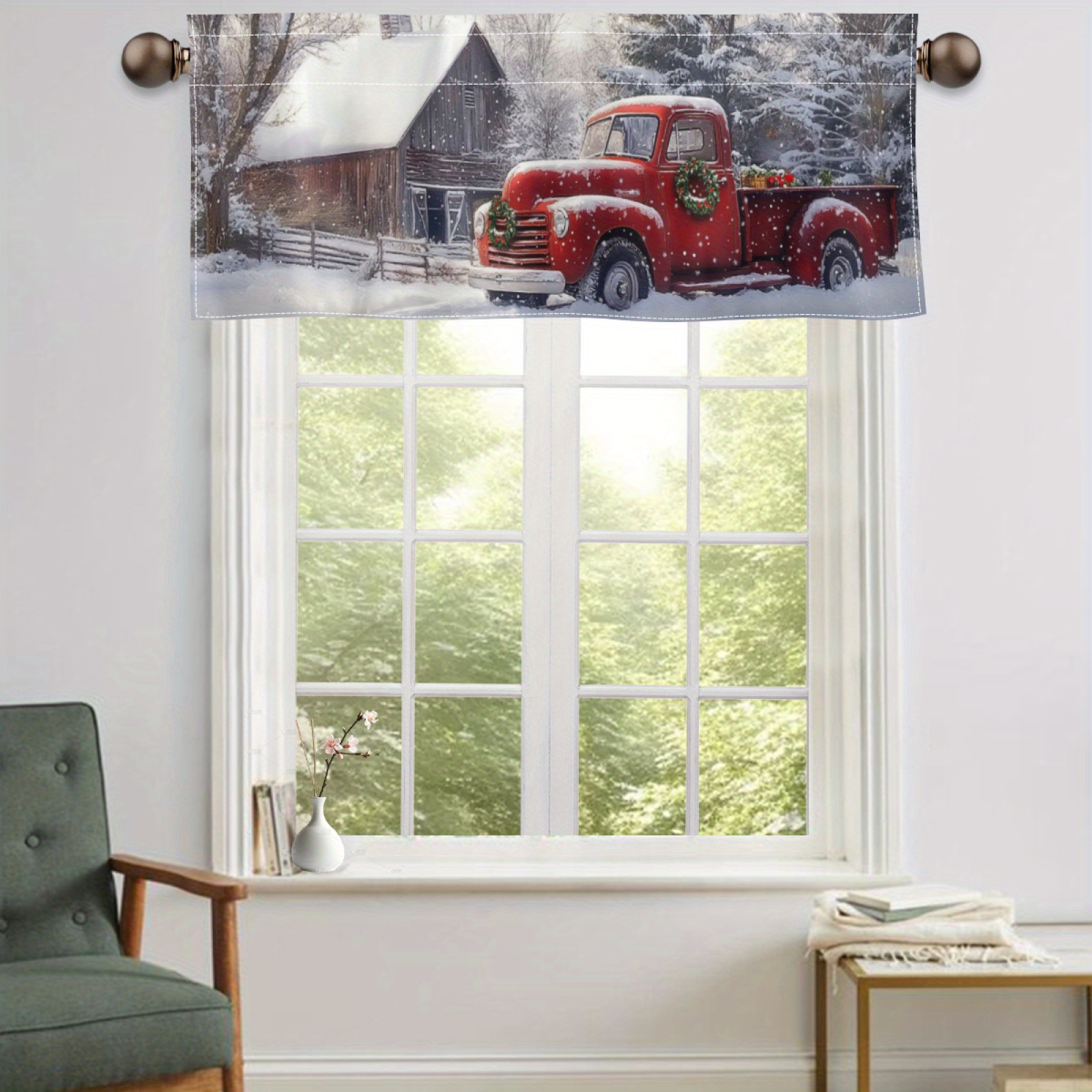 

1pc Winter Pickup Truck Print Christmas Valance Set, Christmas Decor, Rod Pocket Curtains Kitchen Printed Short Valance Panels For Bedroom Bathroom Decoration, Christmas Gift