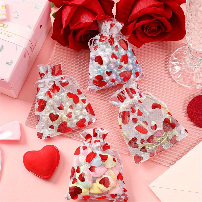 

100pcs Christmas Gift Bags With Drawstring Valentine's Day Heart-shaped Organza Bags Small Jewelry Pouches, Cosmetic Gift Bag Wedding Halloween Fall Thanksgiving Christmas Gift Wrapping Bags, Bags