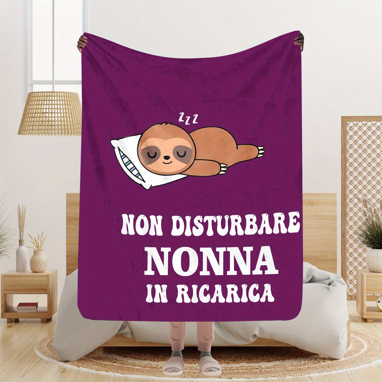 

1pc Italian Quote "non Disturbare Nonna In Ricerica" Purple Flannel Fleece Blanket, Knitted For ,