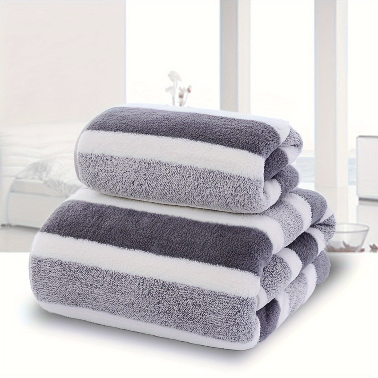 TEMU 2pcs Towel Set - Striped, Absorbent & Fragrance-free Polyester Hand And Bath Towels For Home & Outdoor Use